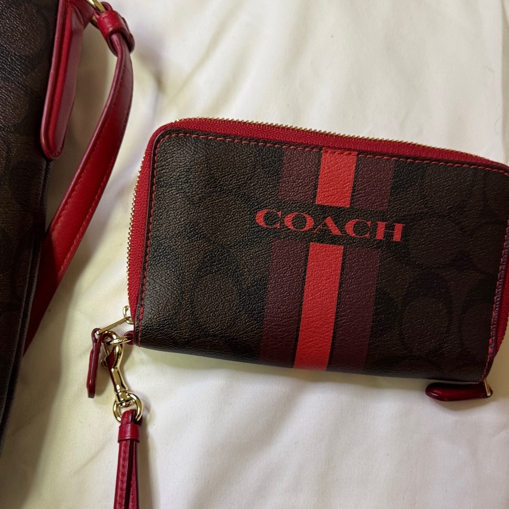 Coach Signature Monogram Crossbody Bag and Wallet Set Brown Red Stripe‎ - Picture 10 of 13
